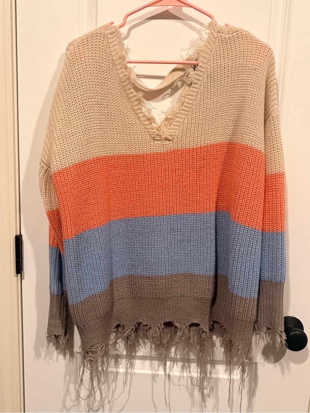 Rue21 Frayed V-Neck Striped Sweater in Cream, Orange, Blue & Brown